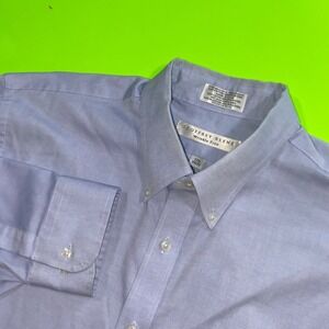 Geoffrey Beene Men Blue Pinpoint Oxford Wrinkle Fre Button Down Shirt 17.5 34/35